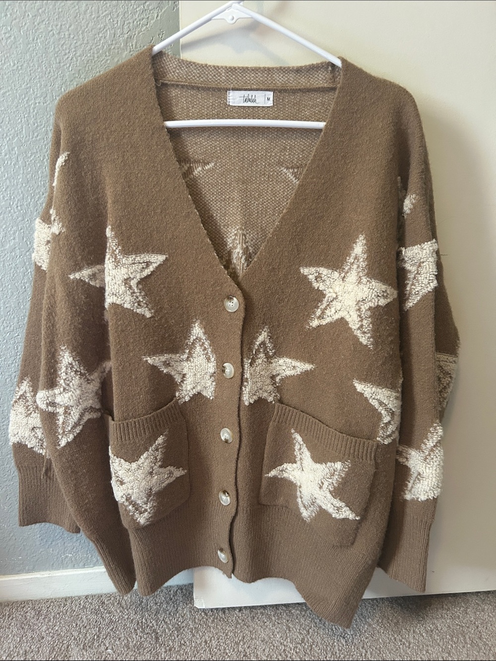 Shop Talulah Brown Star-Print V-Neck Cardigan with Cream Stars
